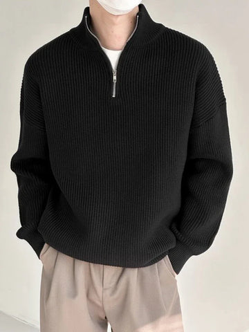 Man Clothes Solid Color Zip-up Knitted Sweaters For Men Black Zipper Plain Pullovers Stylish Casual Winter Fun Neck A